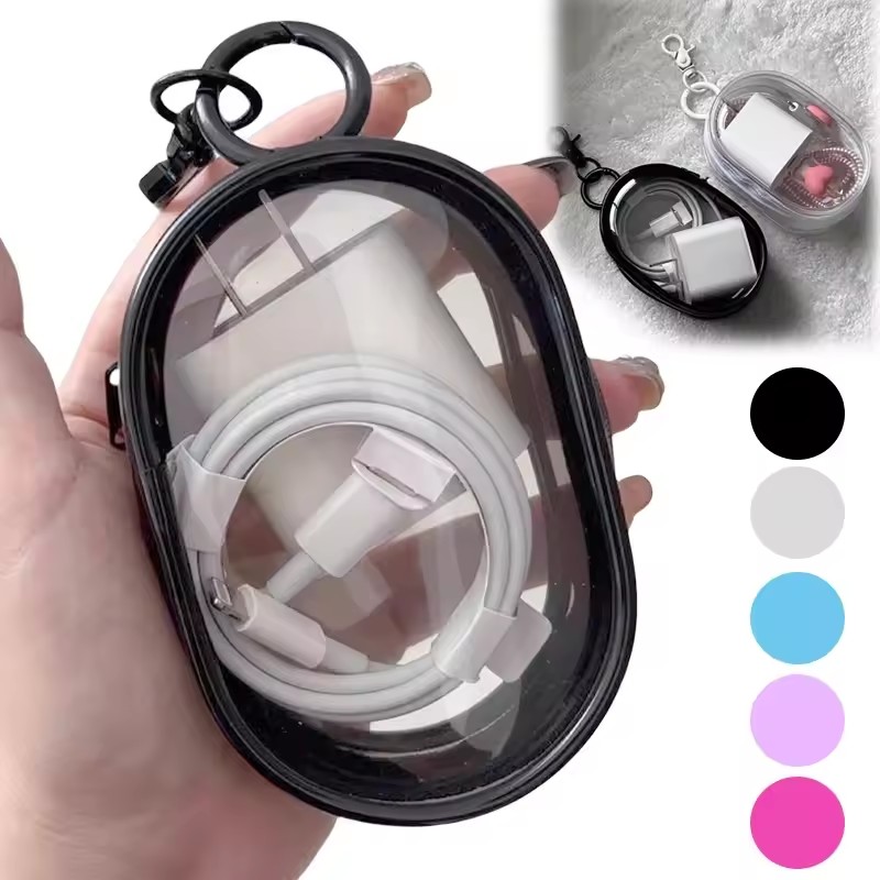 Cable Winder Keychain - กล่องเก็บสายเคเบิลอเนกประสงค์แบบใส กล่องเก็บหูฟังสำหรับเดินทาง กระเป๋าเก็บสายเคเบิลแบบวงกลม พวงกุญแจเก็บของ