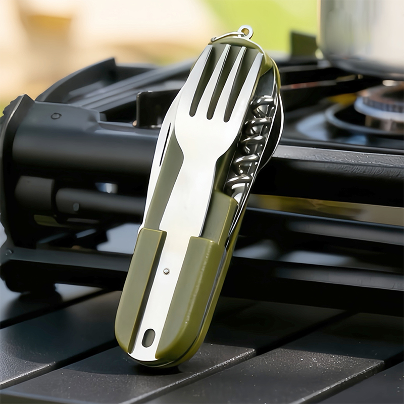 Pocket Knife Ceramic - ชุดช้อนส้อมสแตนเลส 7in1 สำหรับแคมป์ปิ้ง - ชุดอุปกรณ์รับประทานอาหารกลางแจ้งแบบพับได้อเนกประสงค์ พร้อมส้อม