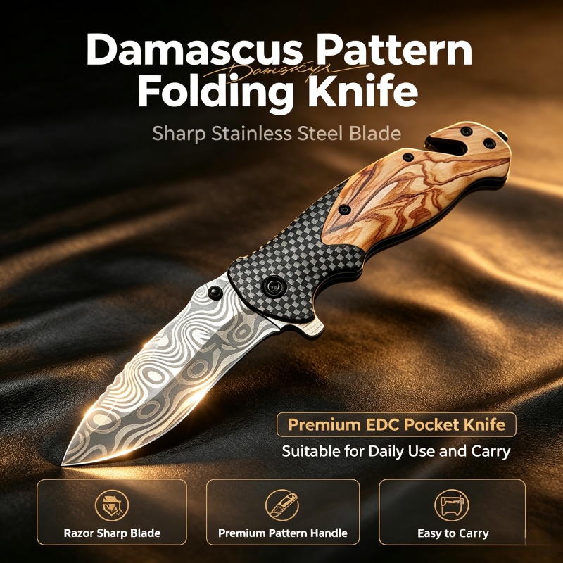 Edc Carry Pocket Knife - มีดพับลายดามัสกัส ใบมีดสแตนเลสคมกริบ คุณภาพพรีเมียม เหมาะสำหรับการใช้งานในชีวิตประจำวันและพกพา